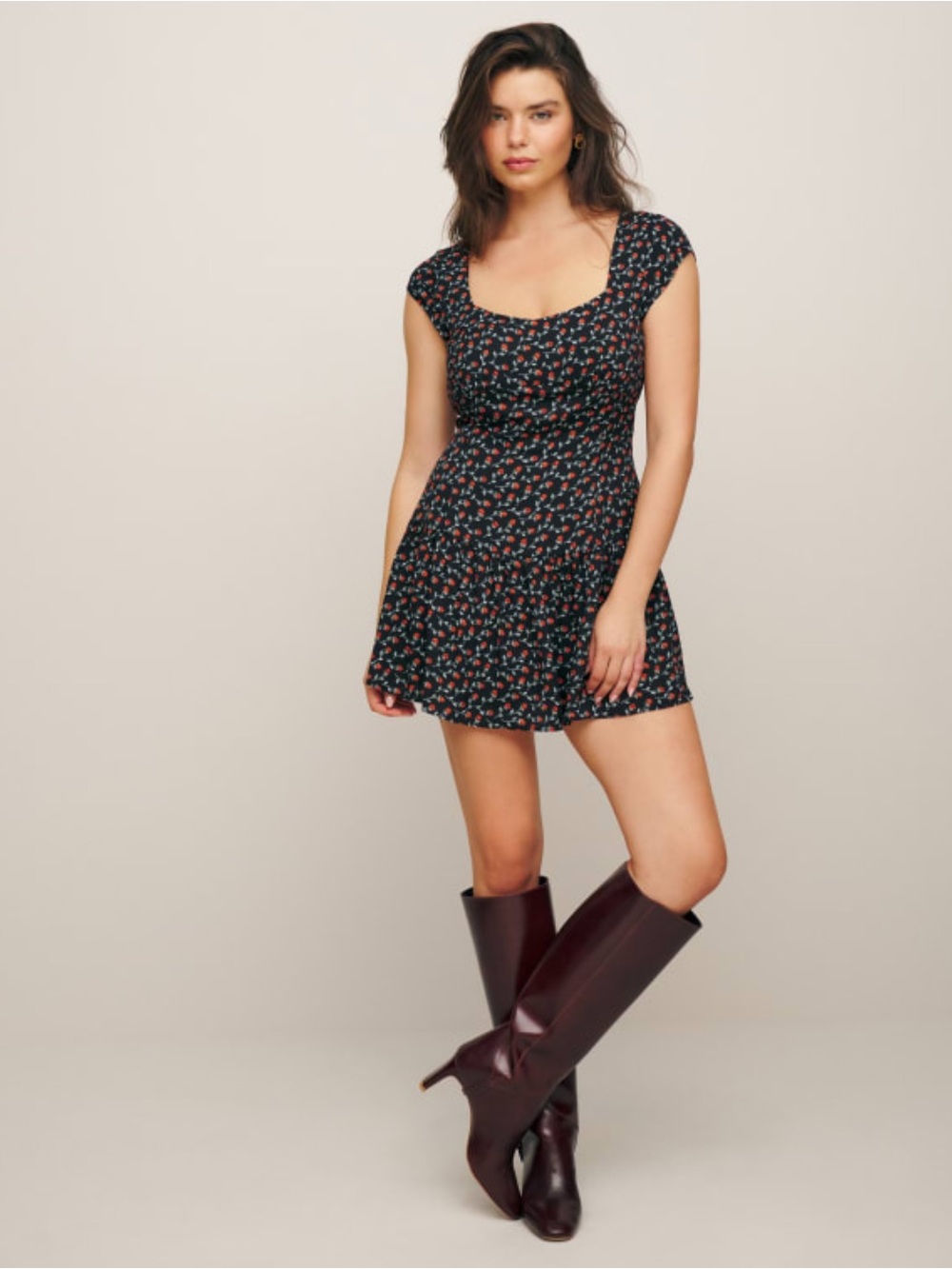 Reformation Black Mini Dress with Peach and Light Blue Floral Print